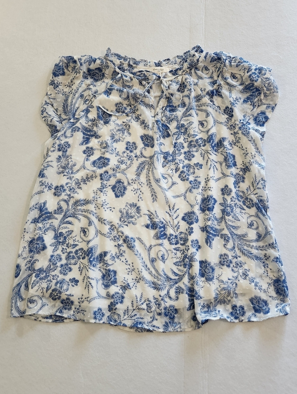 Haver & Blair Blue Floral Tie-Neck Ruffled Cap-Sleeve Blouse Size X-Large